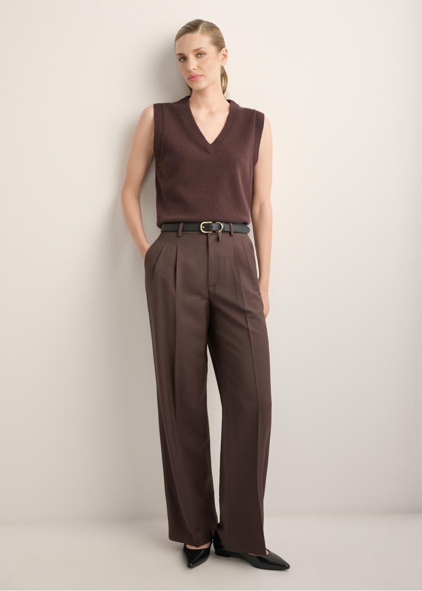 Women's brown wool vest SWEDT-0253-1I(Z26), front view of the product on the model. Full body visible.