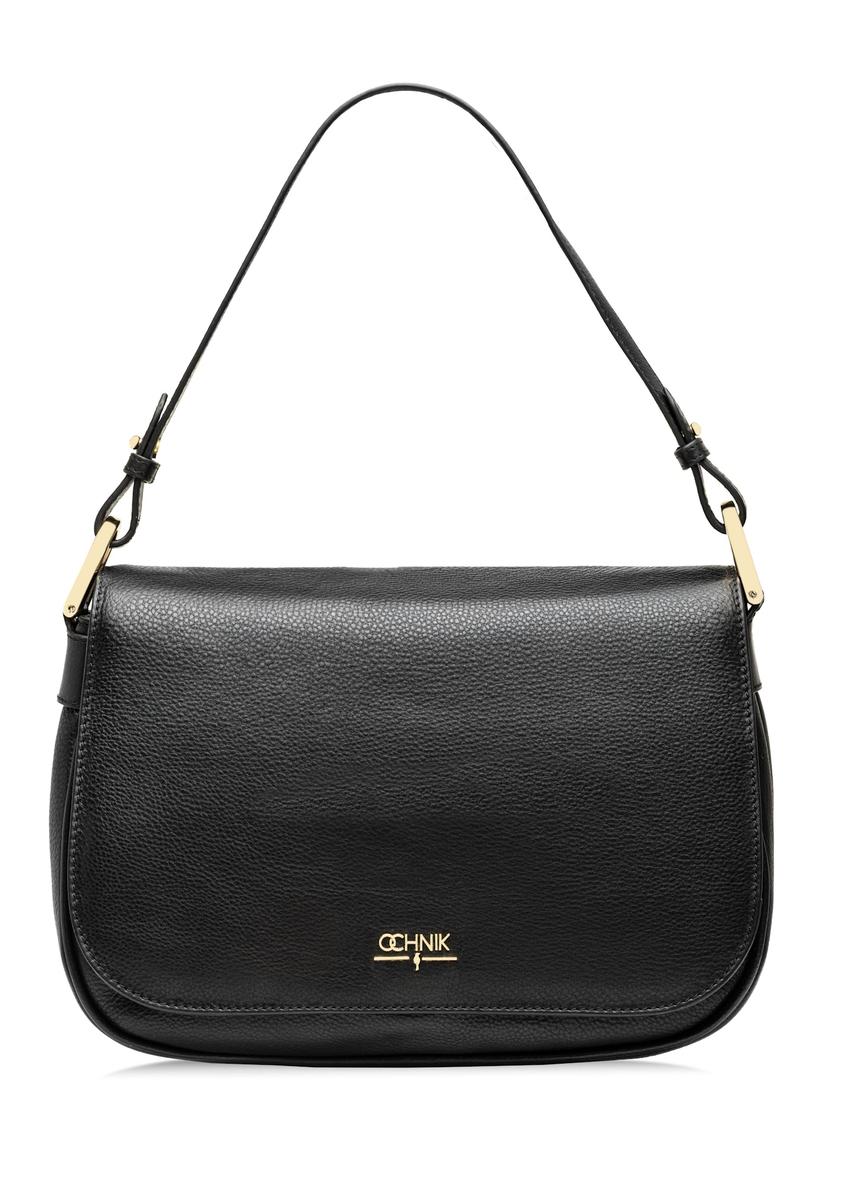 Women's black leather messenger bag TORES-1253-99(W26), front product view on white background.