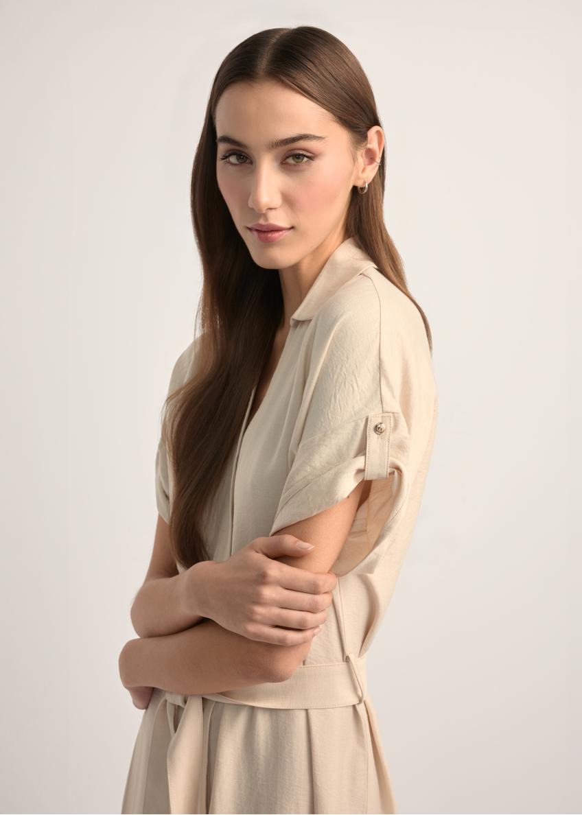 Light beige long dress with short sleeves SUKDT-0180A-1A(W26)