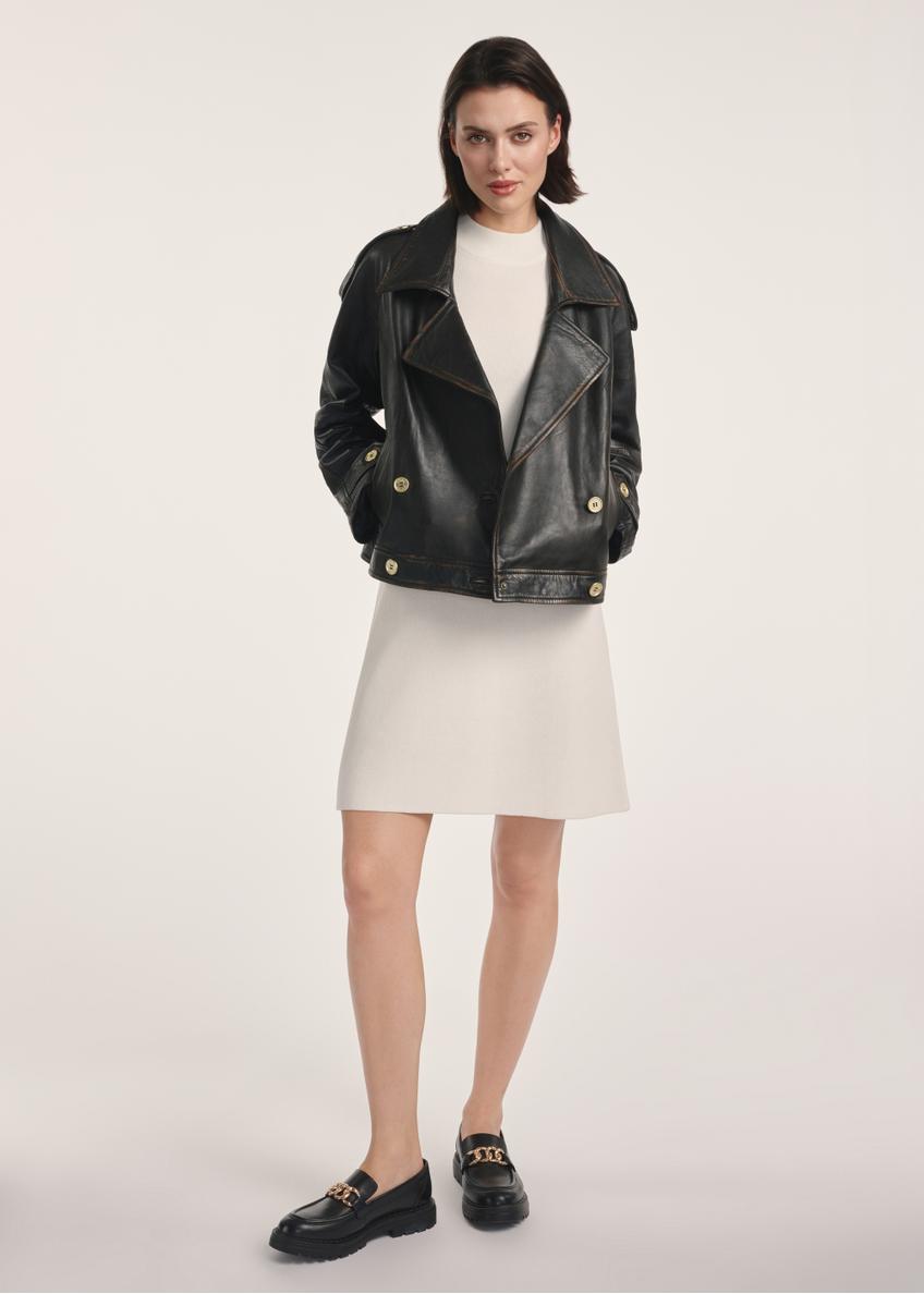 Brown oversize women's leather jacket KURDS-0553-2737(Z25), product visible from the front on the model, the entire silhouette is visible.