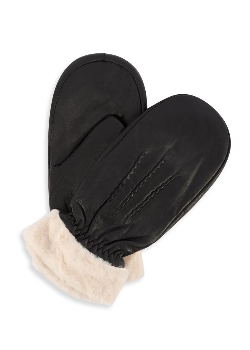 Women's black leather gloves with fur REKDS-0095-99(Z25), product view on white background.