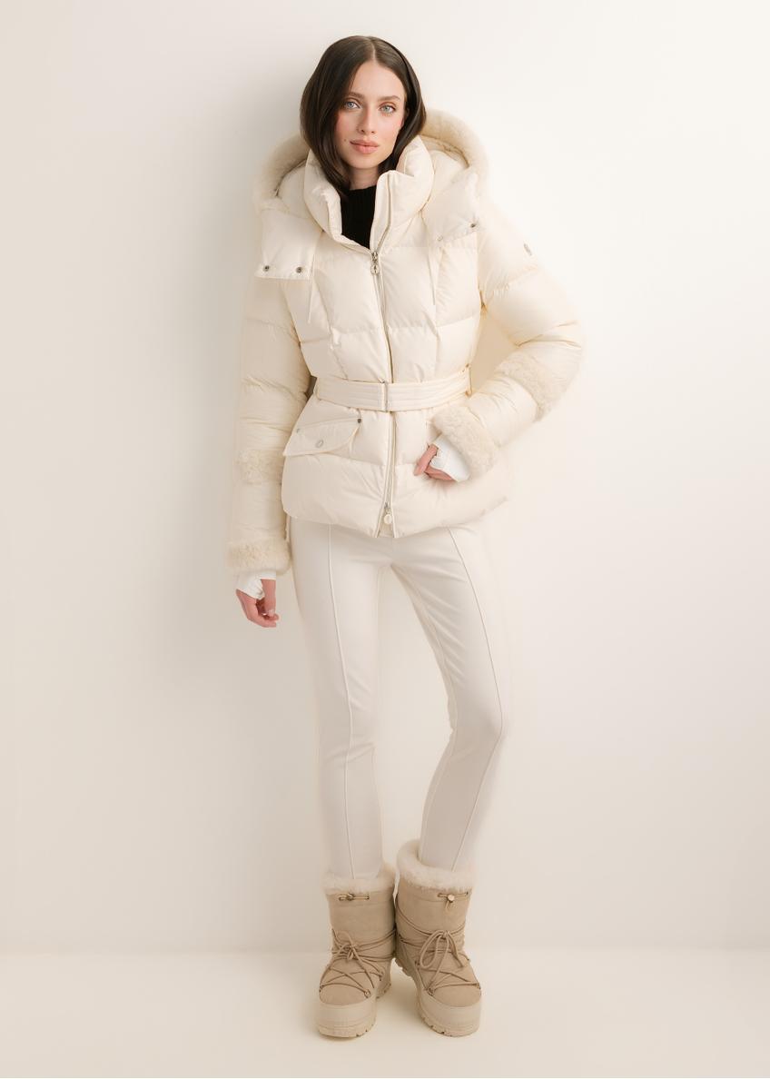 Light beige women's winter jacket KURDT-0705-1A(Z26), front view on a model. Full-body shot.
