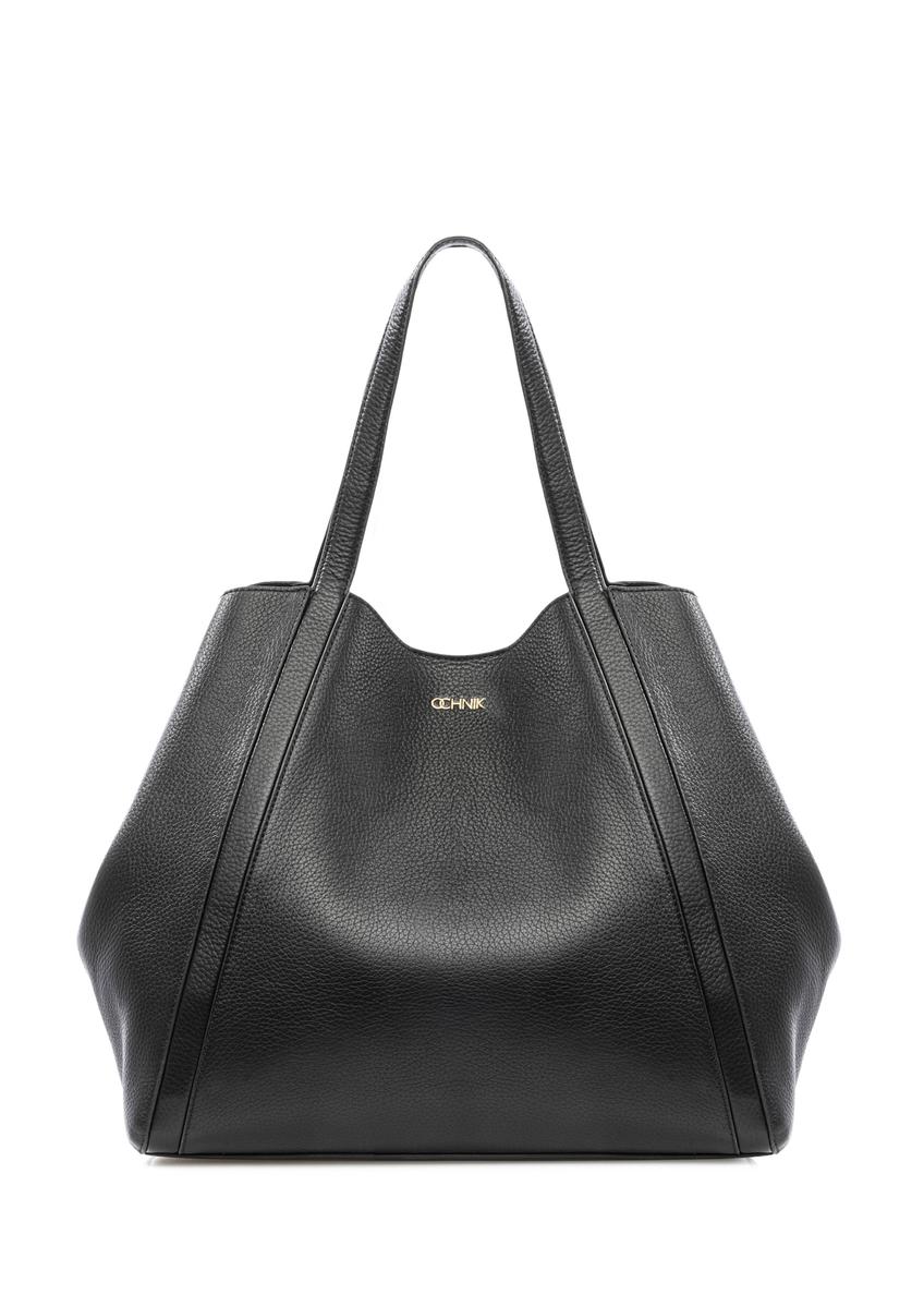 Black leather women's shopper bag TORES-1208-9I(W26), front product view on white background.