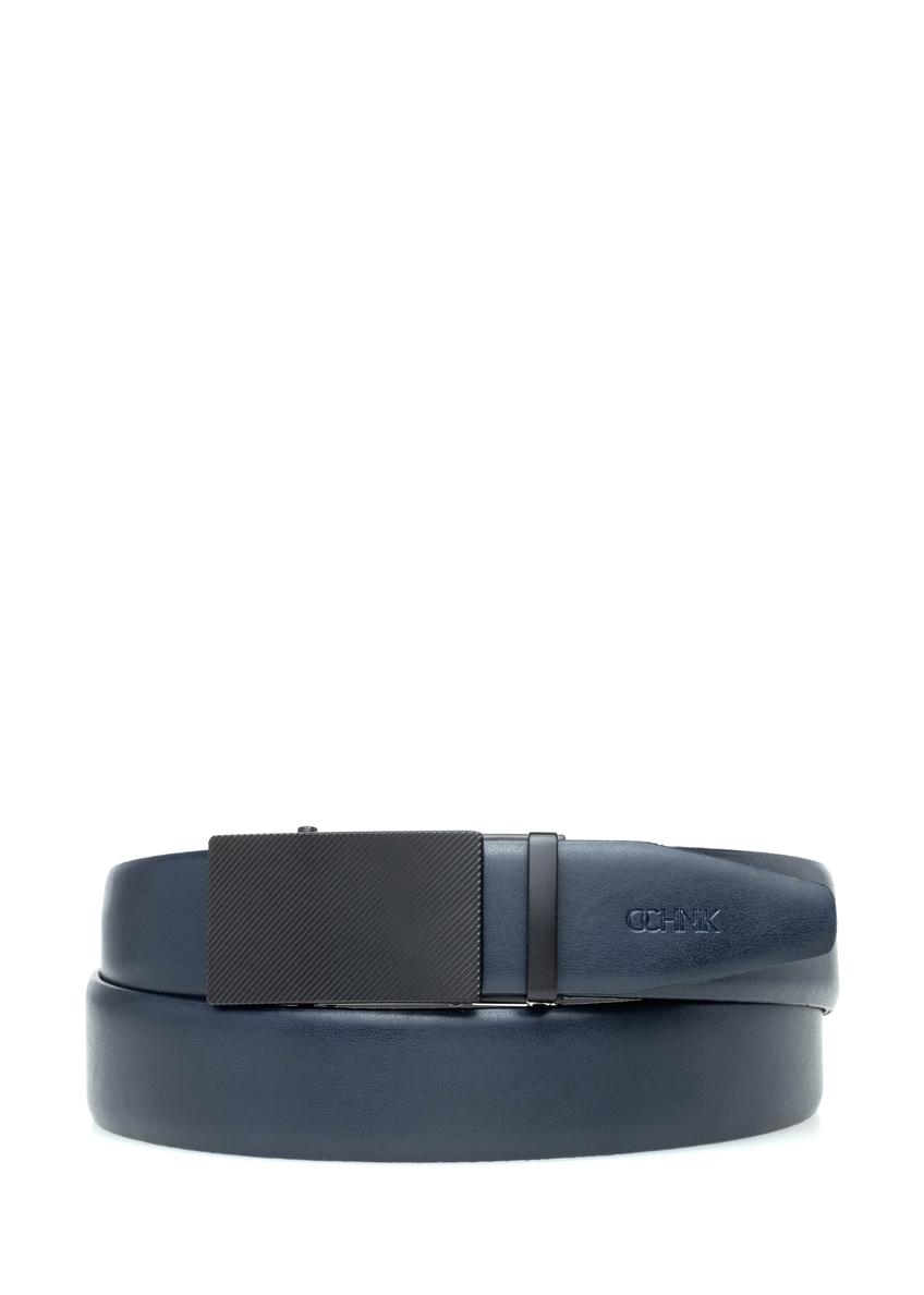 Men's navy blue leather belt PASMS-0269-7E(W26), front product view on white background.