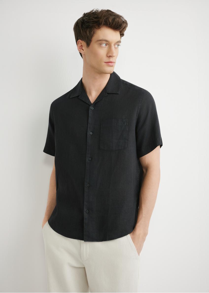 Men's black linen shirt KOSMT-0359-99(W26), front view of the product on the model. Half of the silhouette visible.