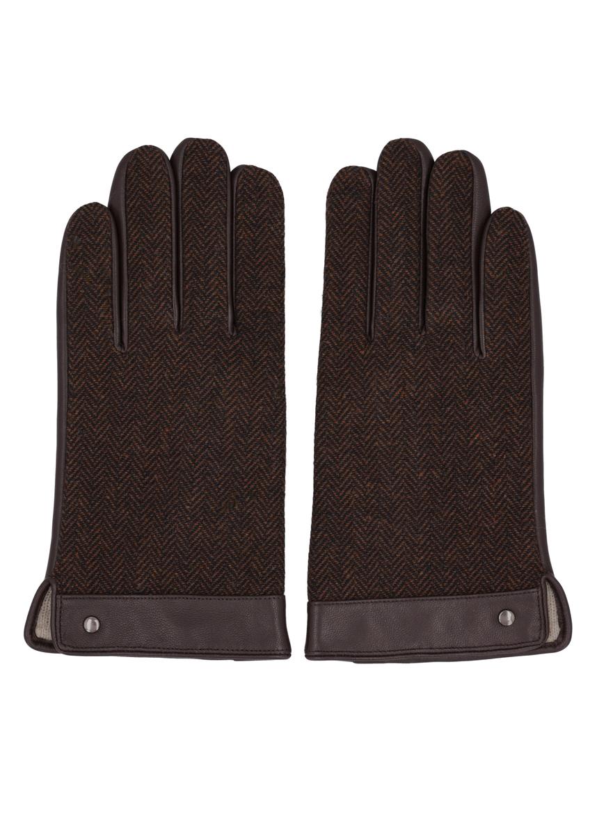 Men's Brown Herringbone Leather Gloves REKMS-0073R-1I(Z26)
