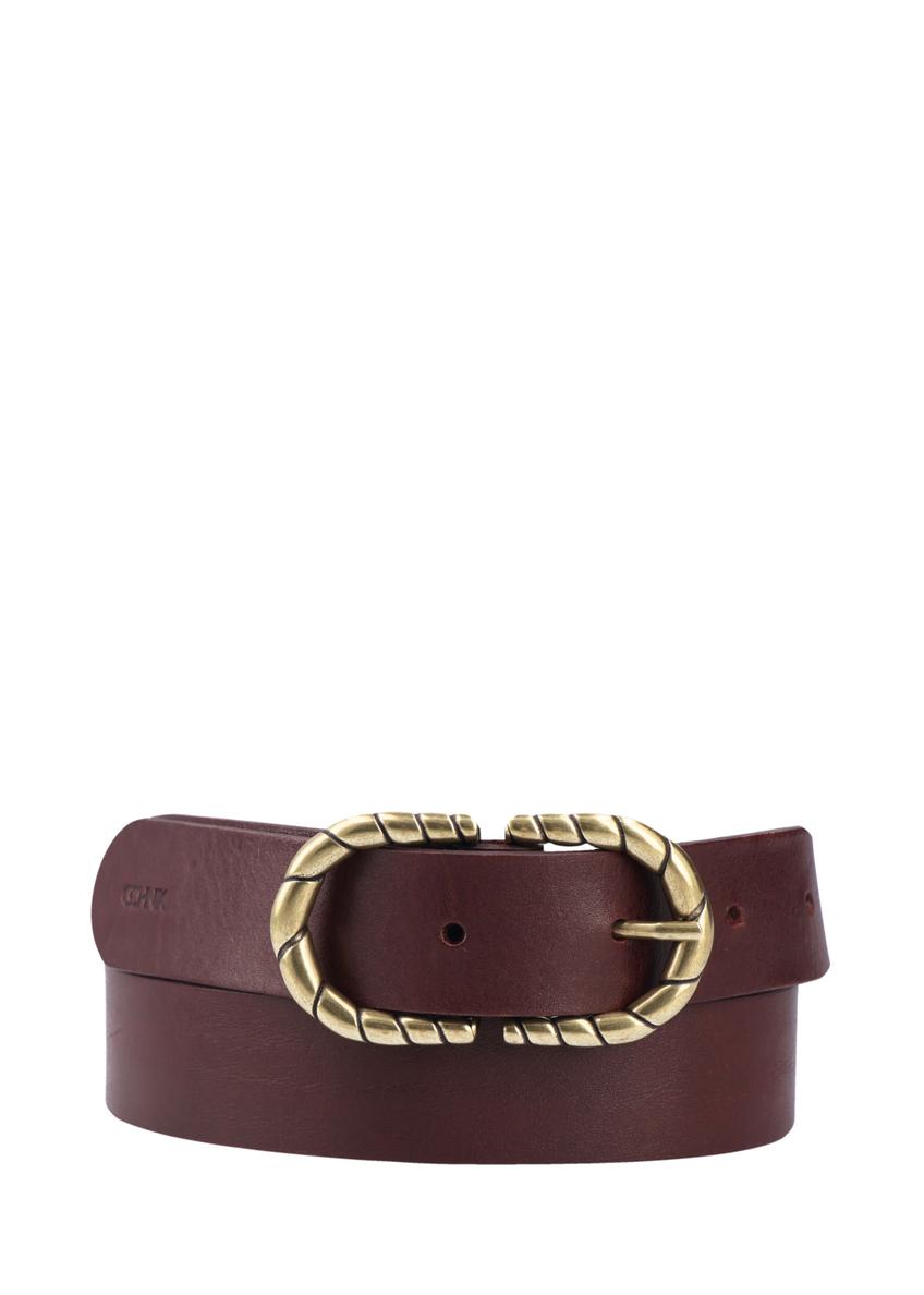 Brown leather belt with decorative buckle PASDS-0354-1H(Z26), front product view on white background.
