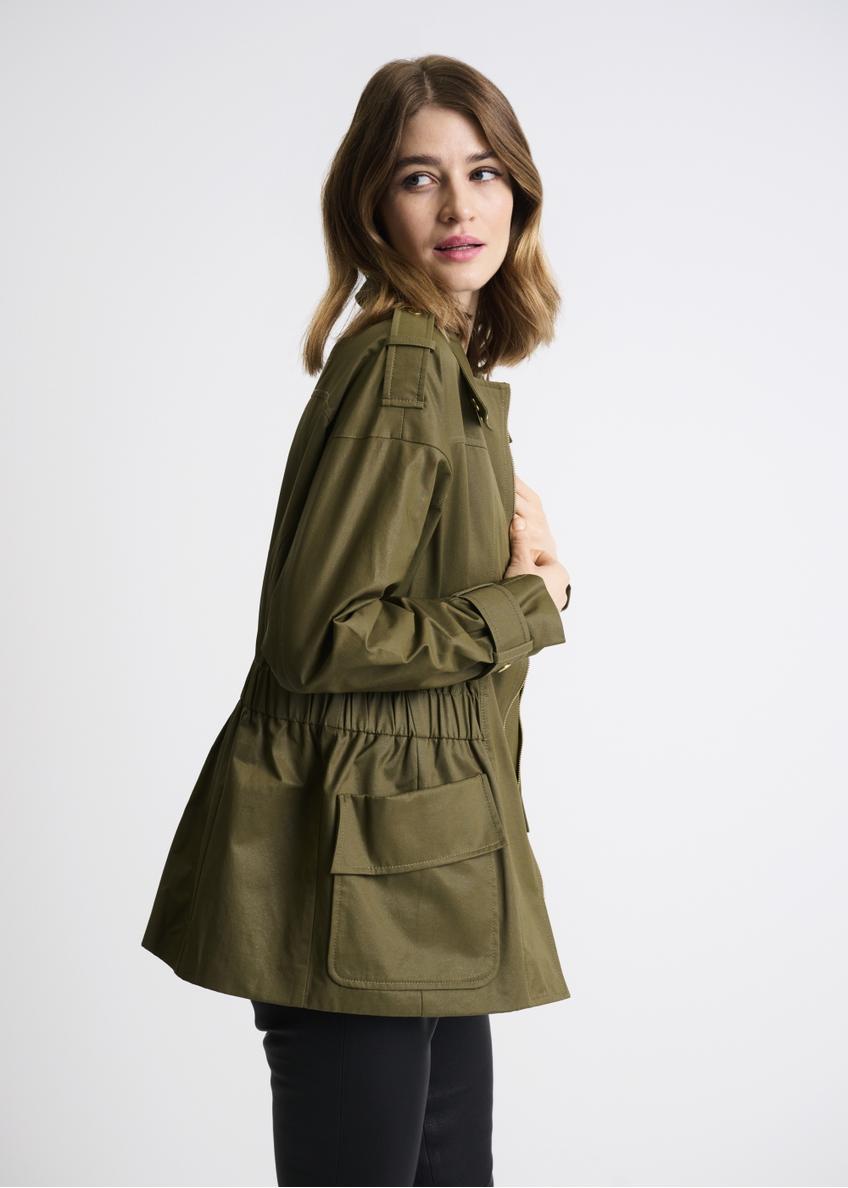 Olive colored women's jacket with a ribbed hem KURDT-0354-57(W22)