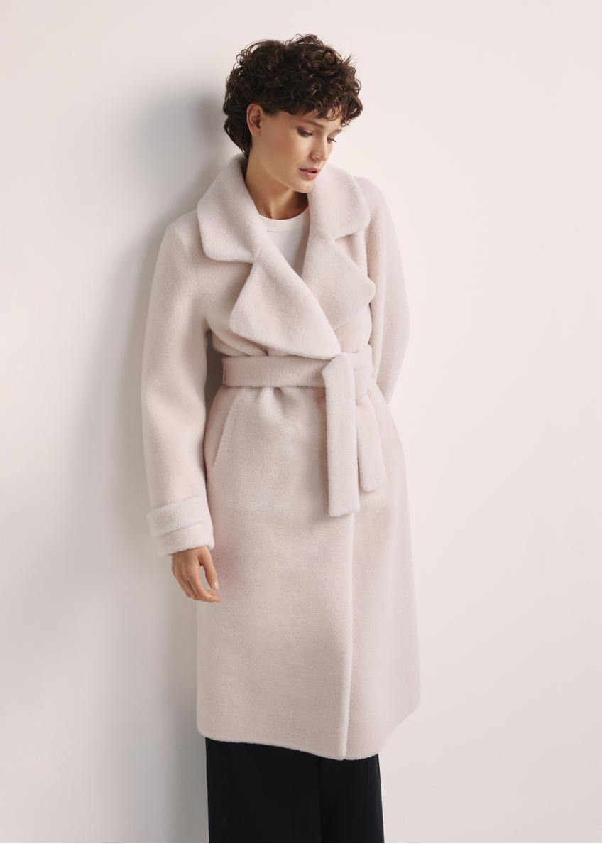 Long woolen fur coat in cream color FUTDW-0019A-12(Z25) - front view of the product on a white background. Half of the silhouette visible.