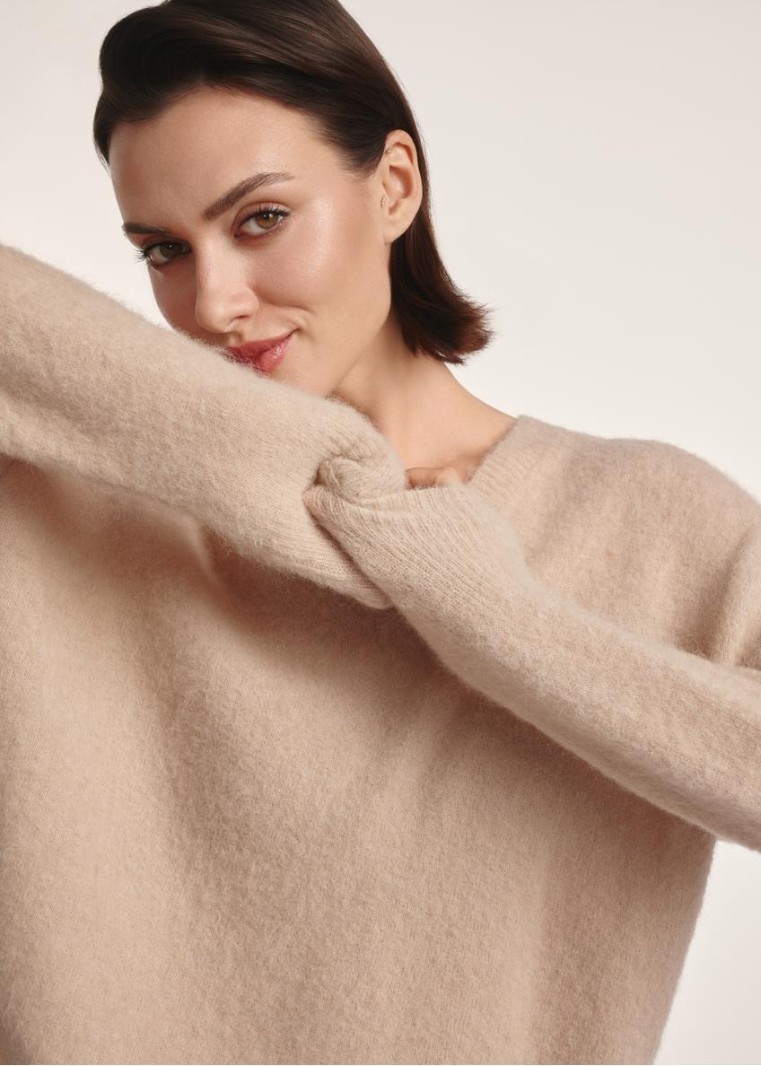 Beige woolen women's sweater SWEDT-0215-81(Z25), close-up of the product detail on the model.