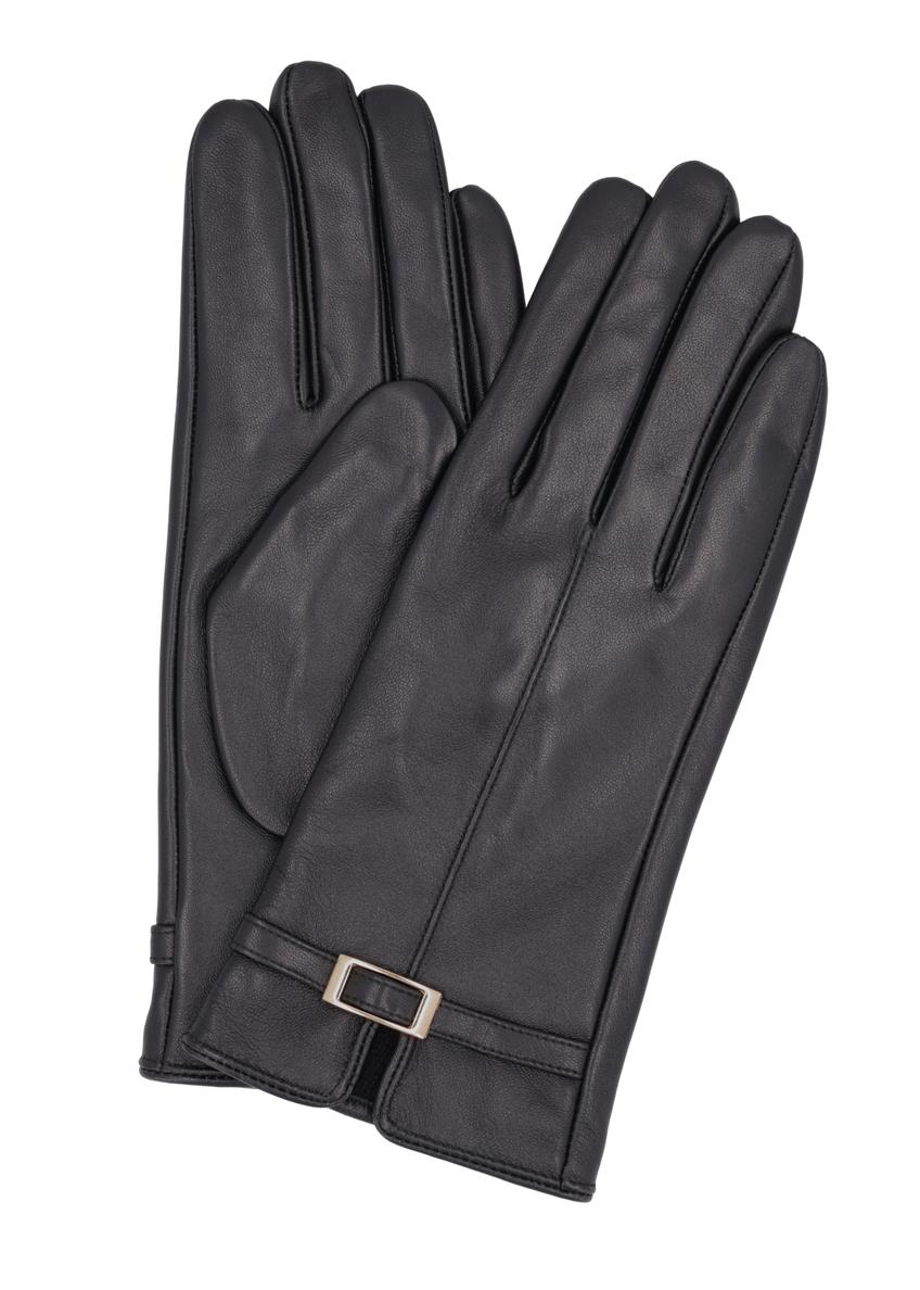 Women's black leather gloves REKDS-0109-99(Z26), front product view on white background.
