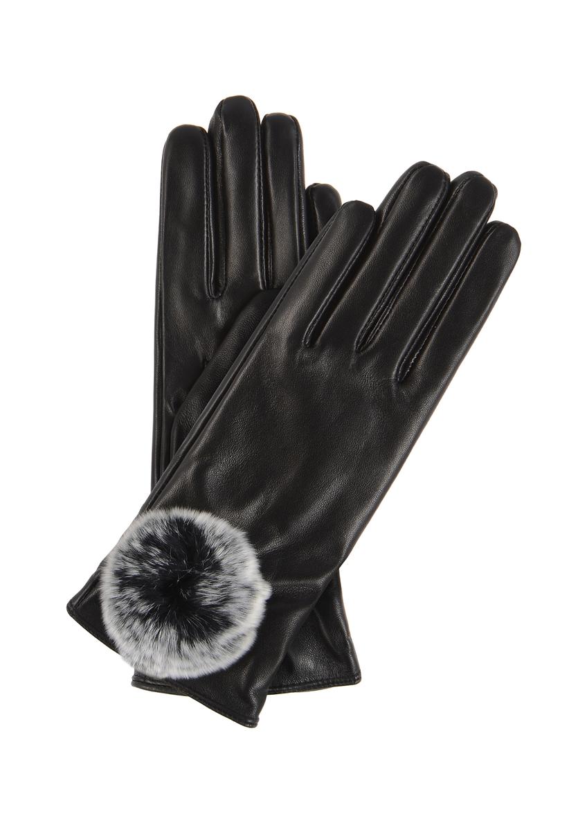 Women's leather gloves with pom-pom REKDS-0033-99(Z23)-01