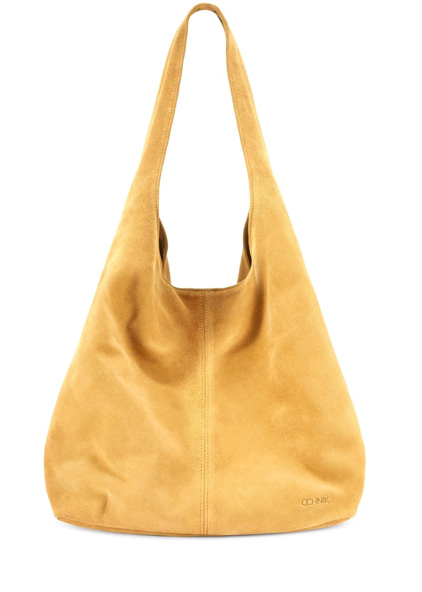 Women's yellow suede shopper bag TORES-1177-2C(W26), front product view on white background.