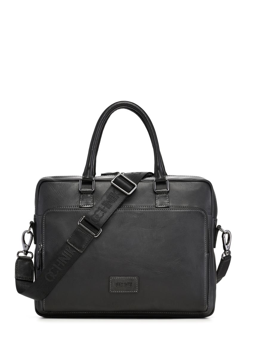 Black leather men's bag TORMS-0524-99(Z26) - front product view, on white background.