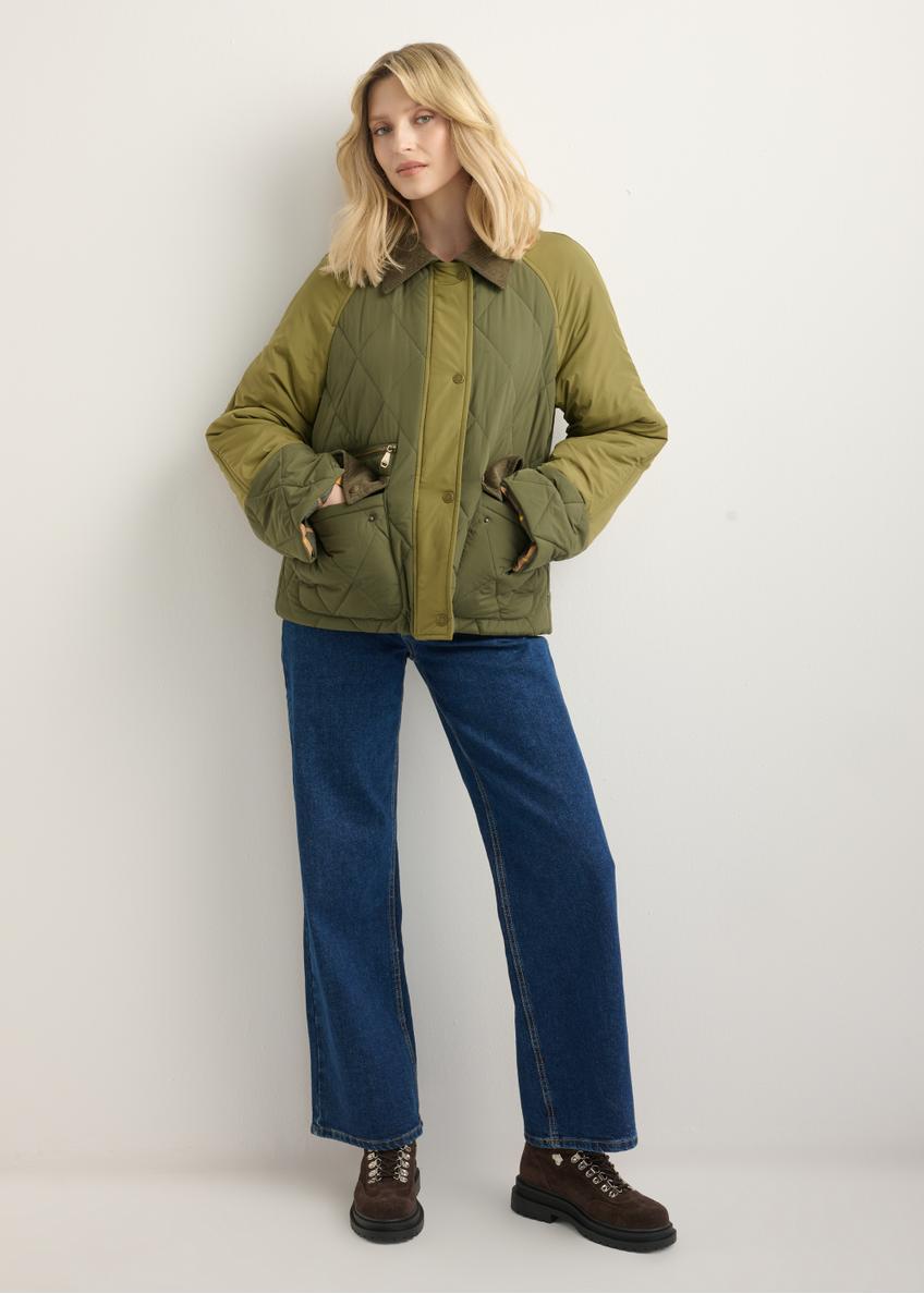Women's khaki jacket KURDT-0665-8B(Z26), front view of the product on a model. Full body view.