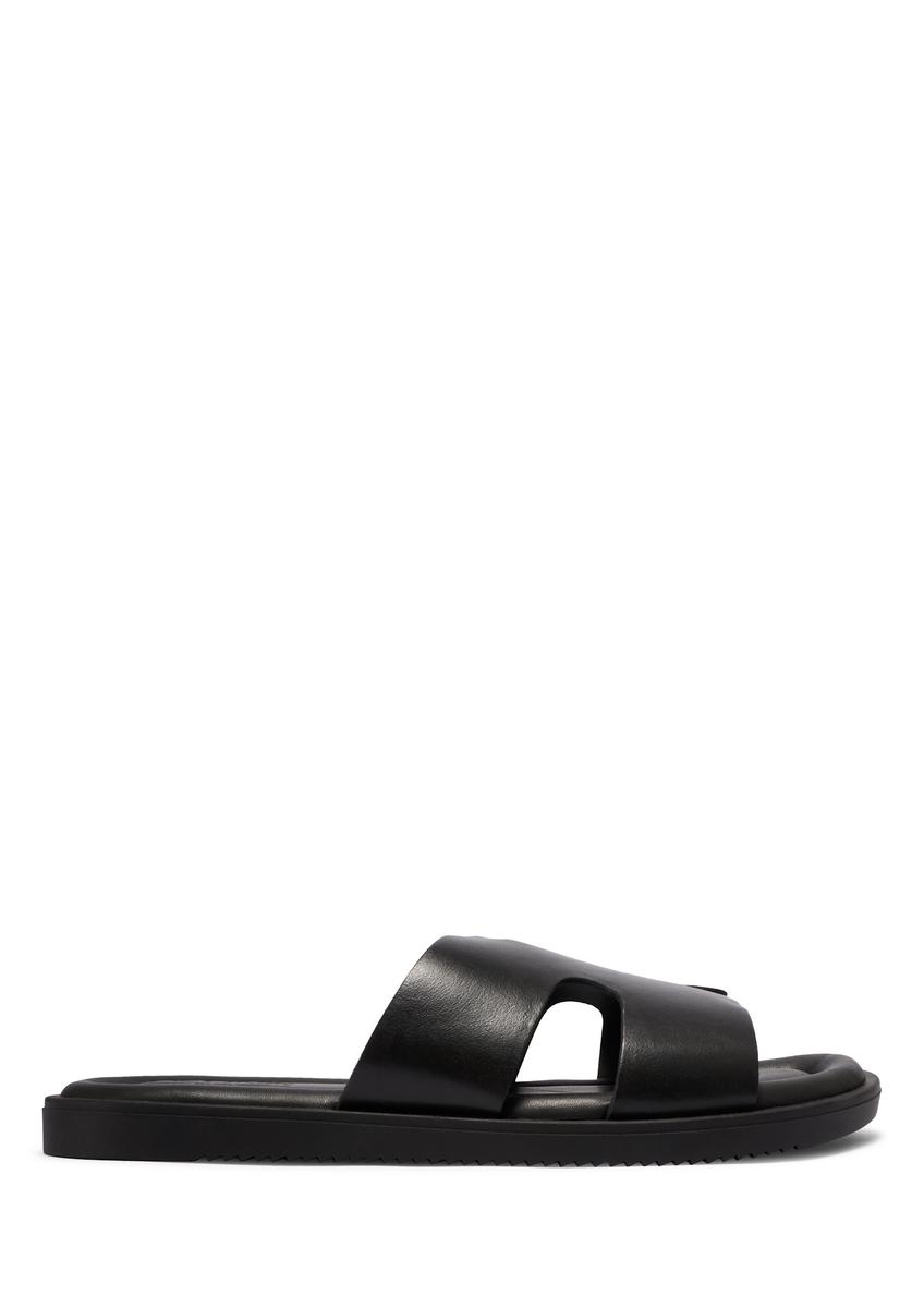 Men's black leather flip-flops BUTYM-0535-99(W26), side view of the product on a white background.
