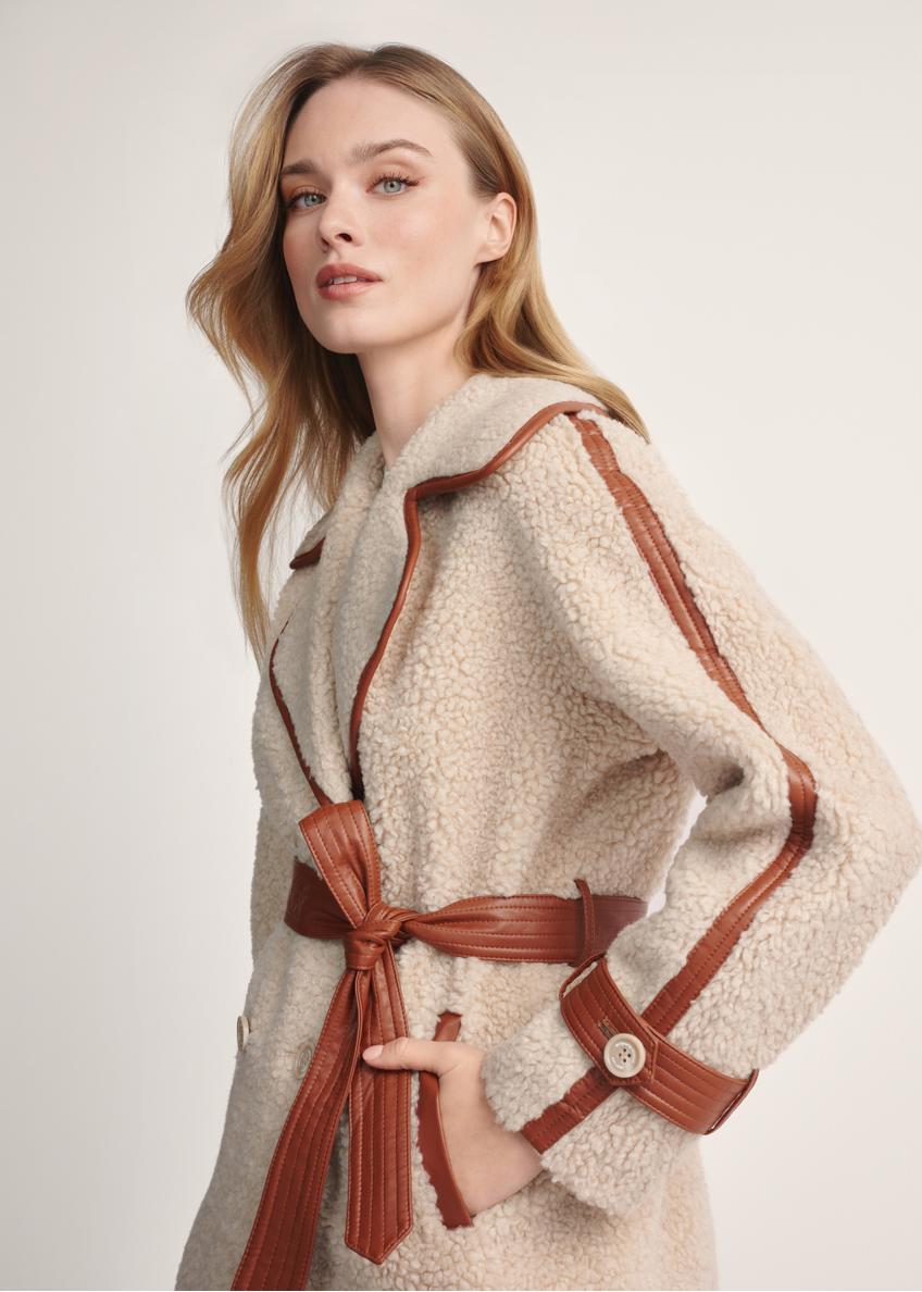 Beige women's fur coat with wool FUTDW-0035-80(Z25)