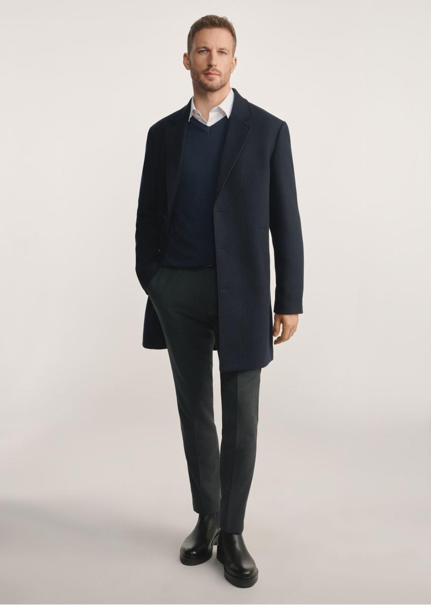 Navy blue men's coat PLAMT-0006-69(Z25), product visible from the front on the model, the entire silhouette is visible.