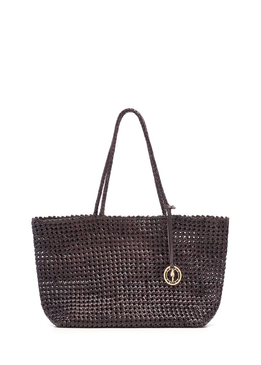 Brown leather woven handbag TORES-1300-1I(W26), front product view on white background.