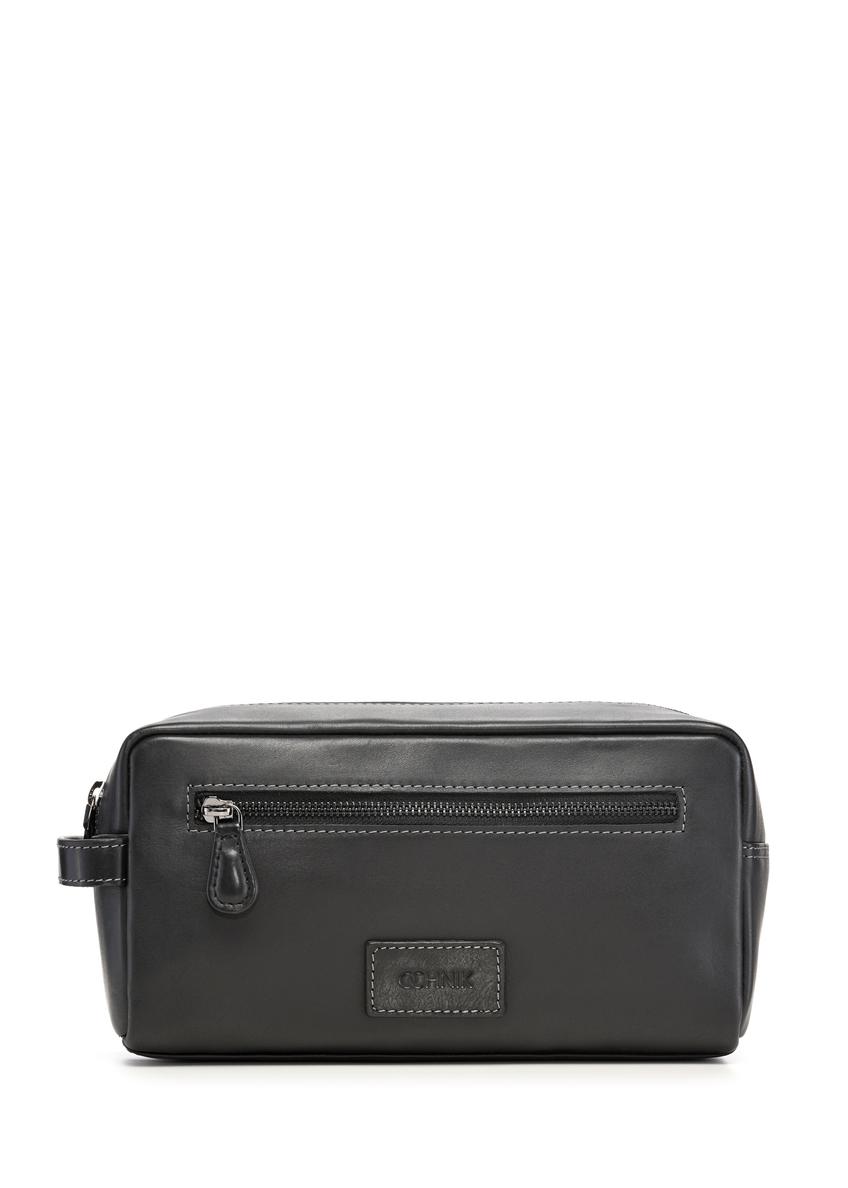 Black leather men's cosmetic bag TORMS-0528-99(Z26) - front product view, on white background.