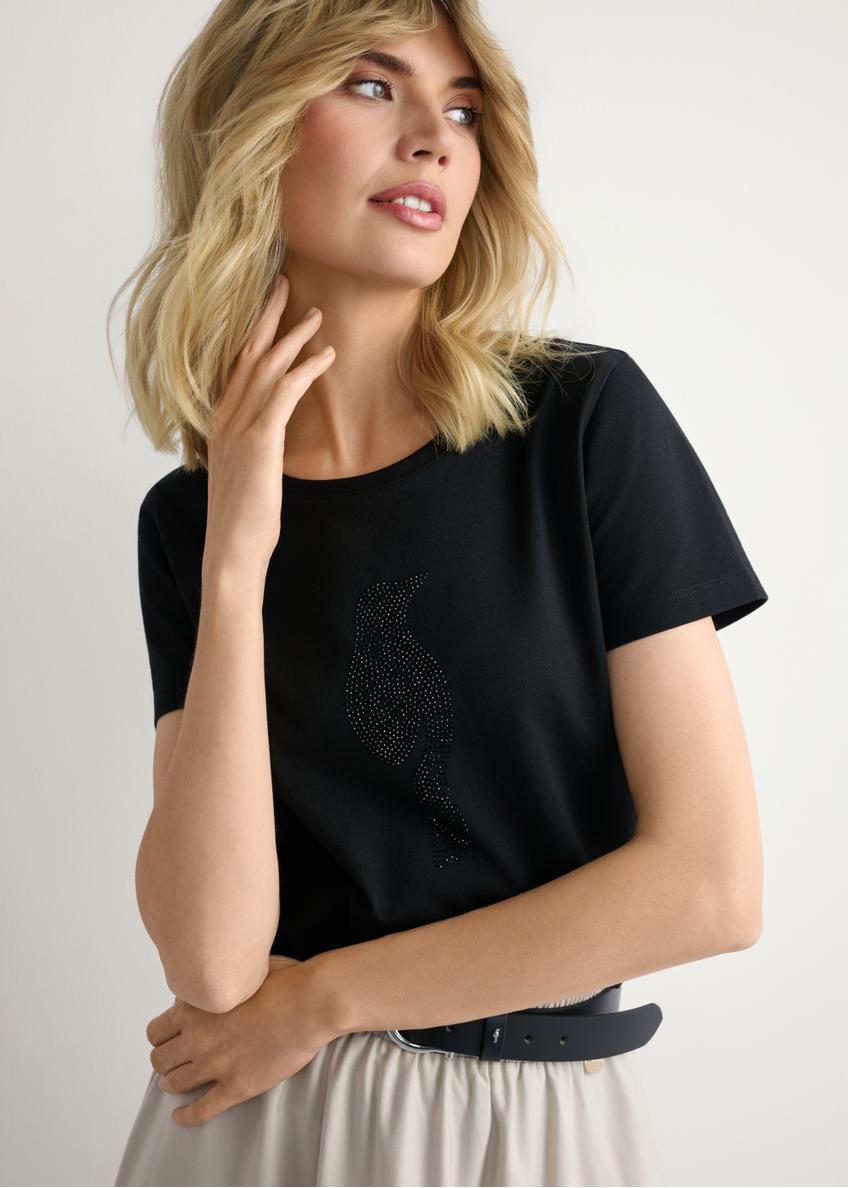 Black women's T-shirt with logo TSHDT-0157-99(W26), close-up of the product detail on the model's silhouette.