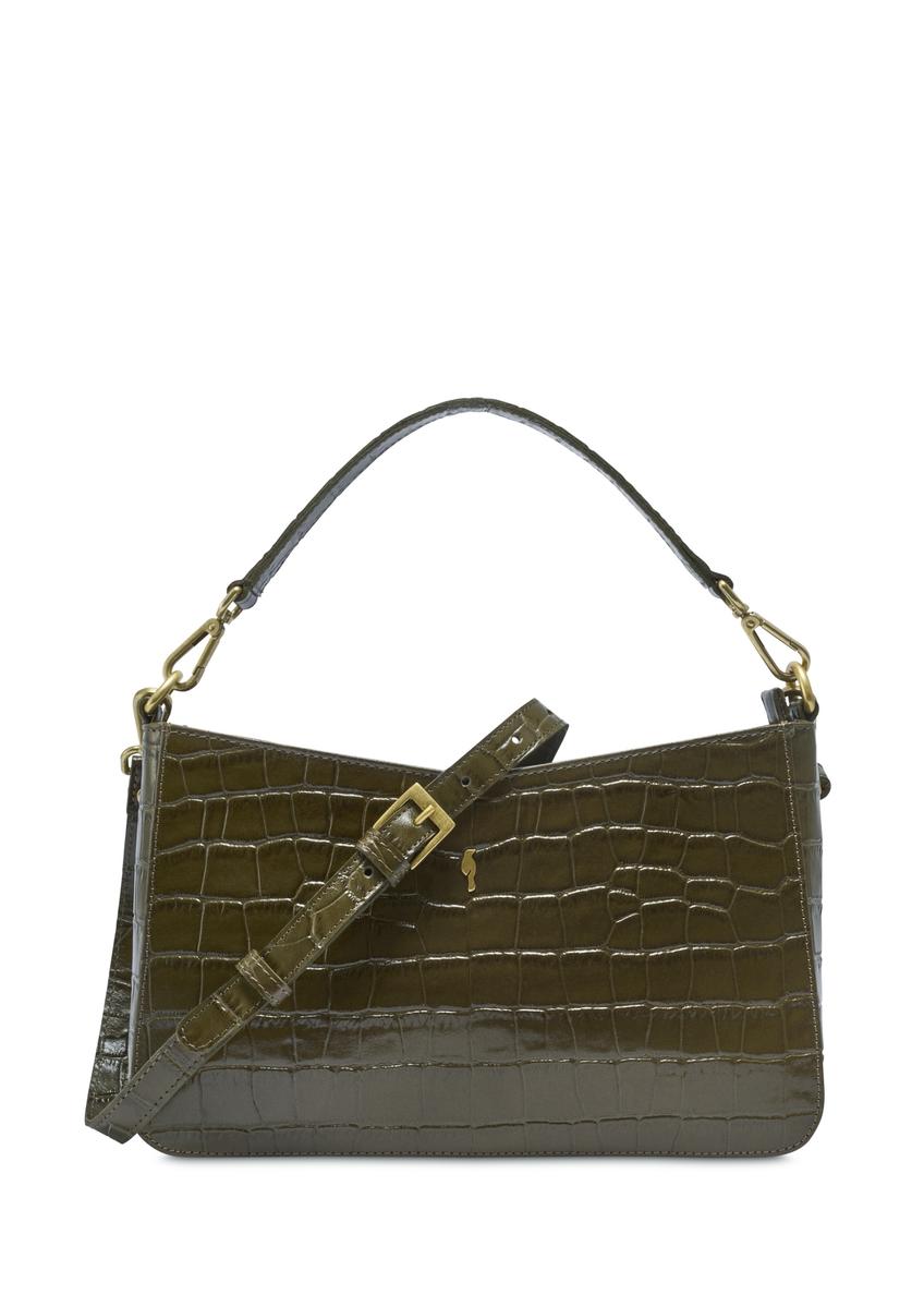 Leather khaki croco handbag TORES-1326-8D(Z26), front product view on light background.