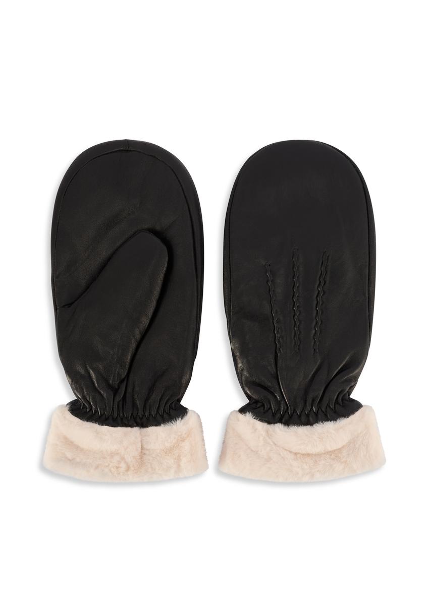 Women's black leather gloves with fur REKDS-0095-99(Z25)