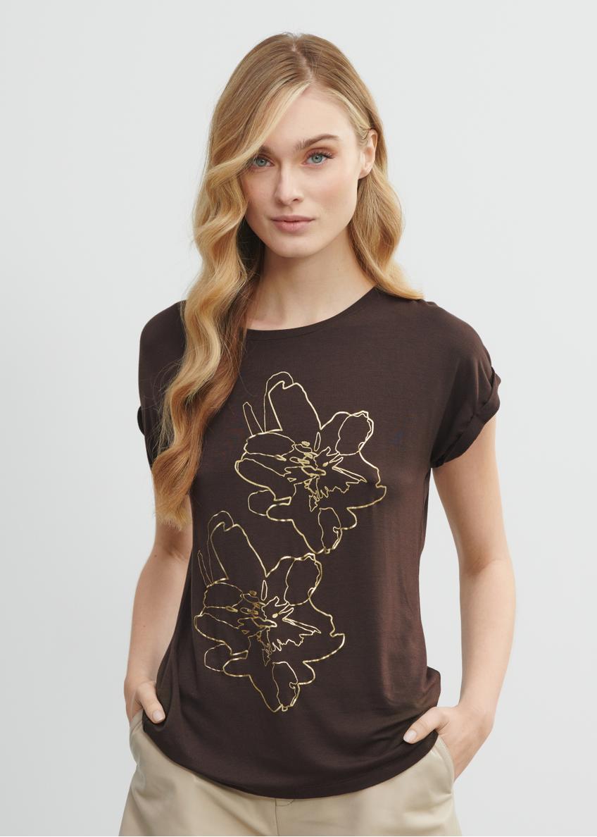 Brown Women's T-shirt with floral print TSHDT-0107-89(W23)-03