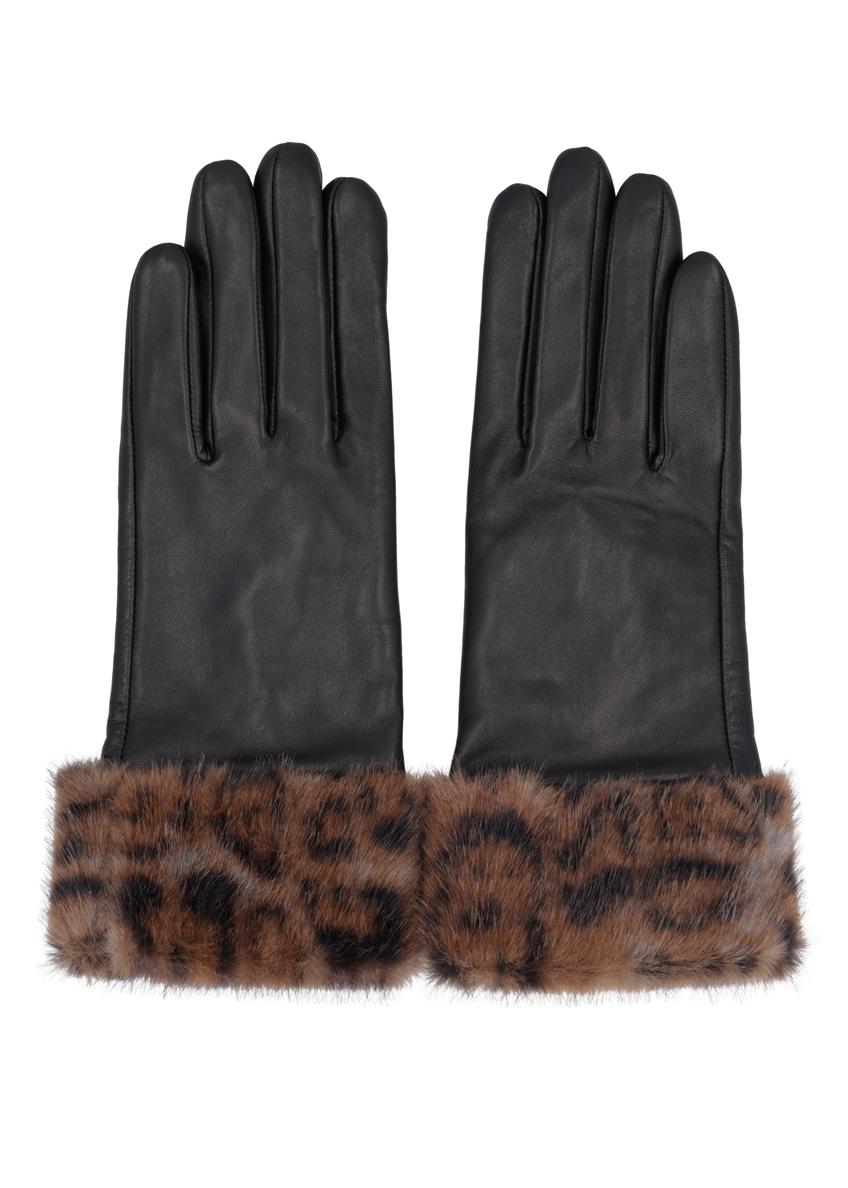 Women's black leather gloves with fur REKDS-0110-99(Z26)