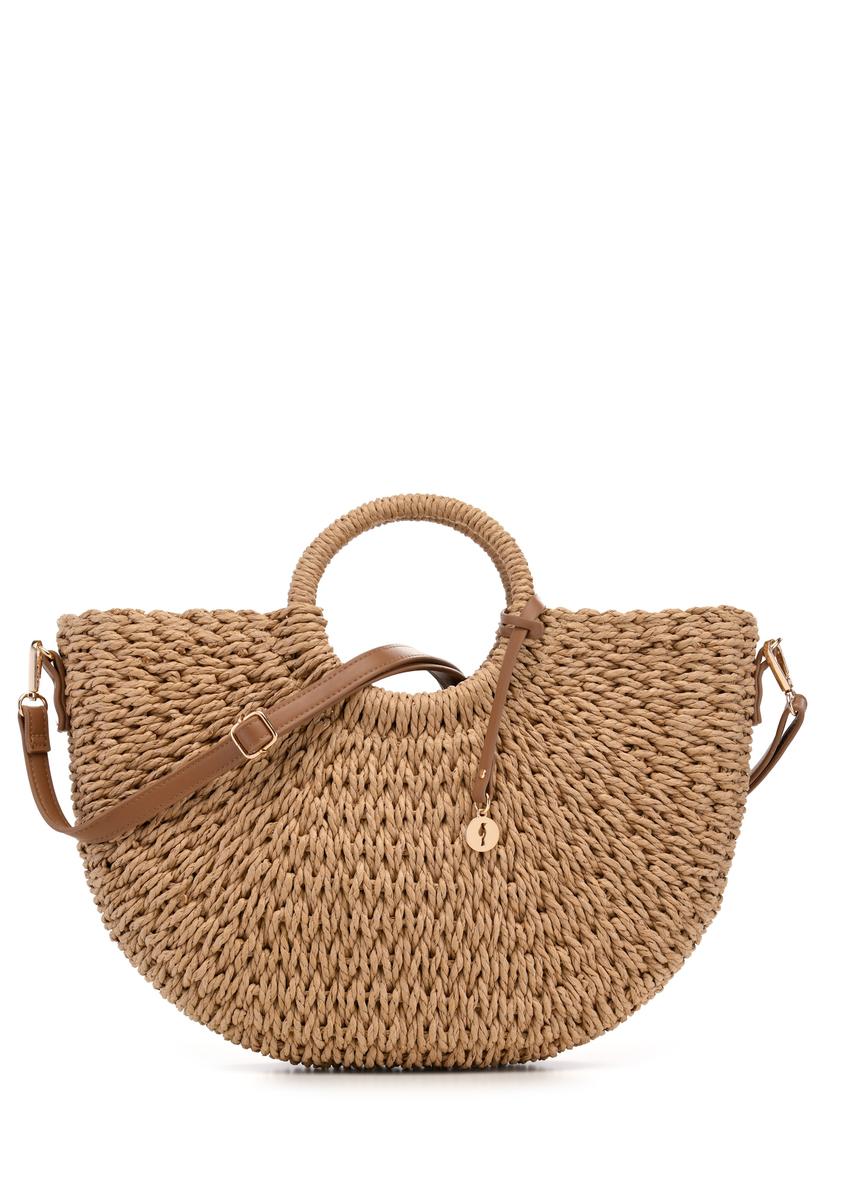 Semi-circular beige woven handbag TOREC-0940-1E(W26), front product view on white background.