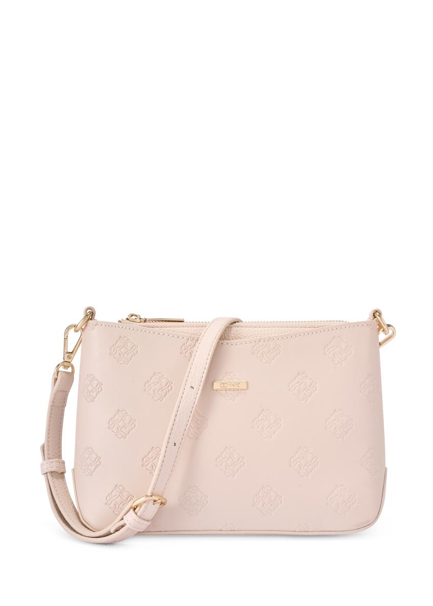 Cream women's handbag with monogram TOREC-1159-0B(W26), front product view on white background.