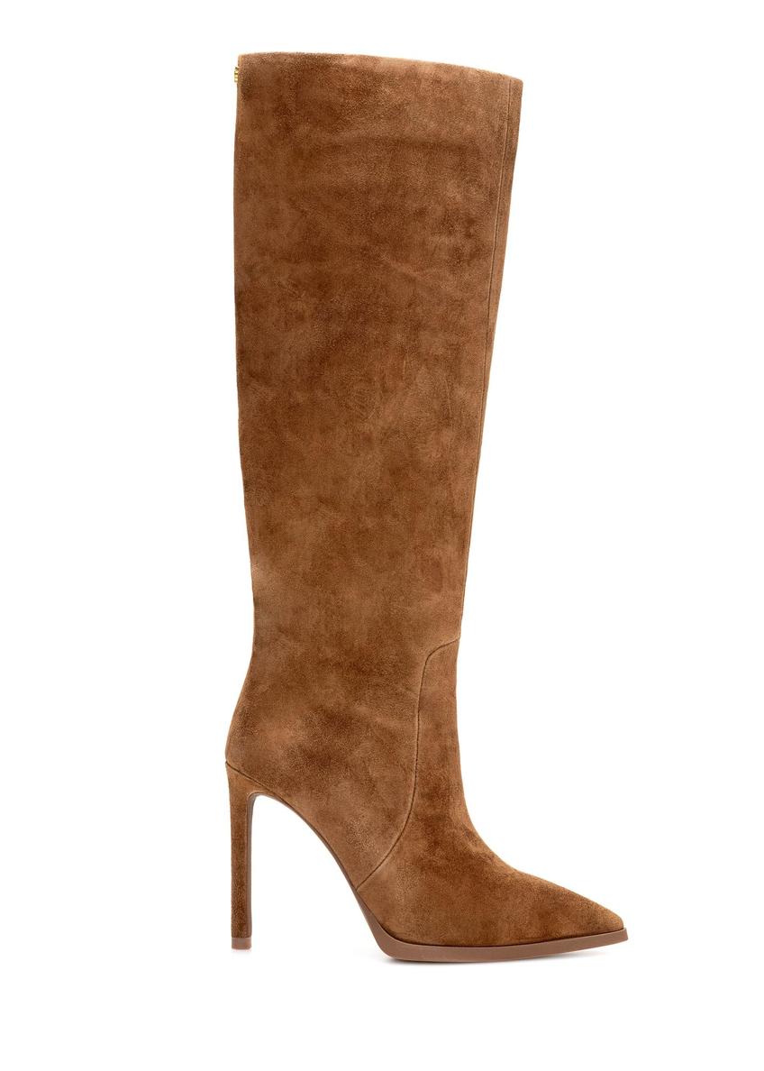 Cognac suede women's boots BUTYD-1208-1F(Z26), product view from the side on a white background.