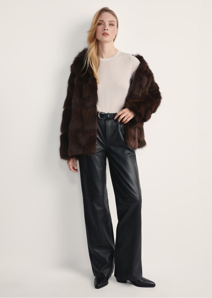 Women's brown fur coat FUTDF-0111-3180(Z25), front view of the product on the model. Full body visible.