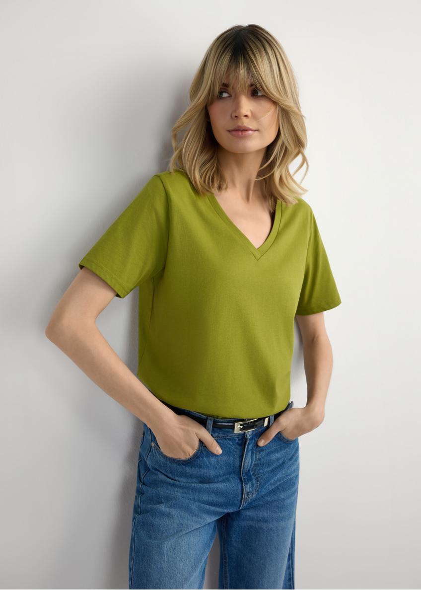 Women's olive basic T-shirt TSHDT-0120-8E(W26), front view of the product on the model. Half of the silhouette visible.