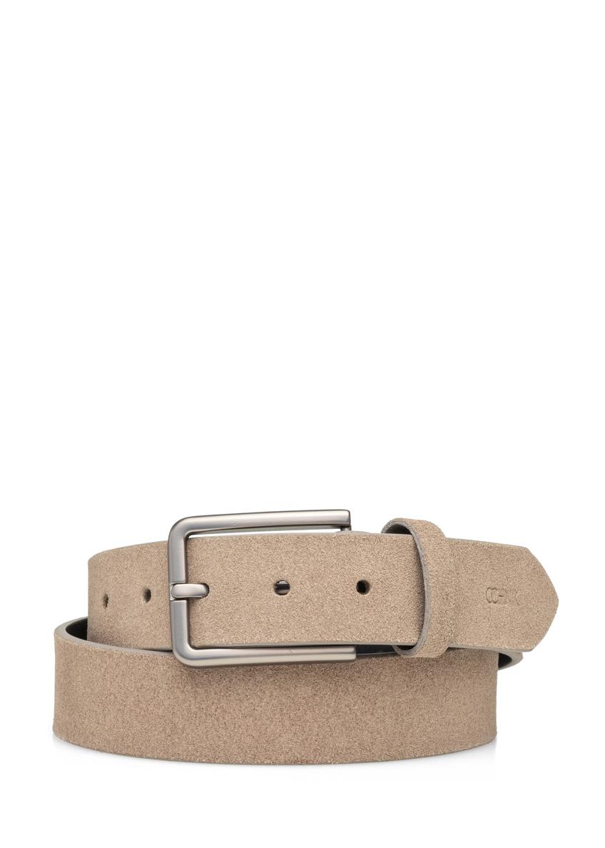 Beige suede men's belt PASMS-0275-1K(W26) - front product view, on a white background.