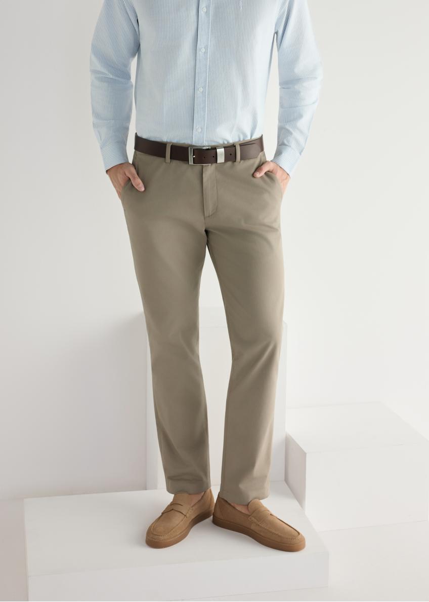 Men's beige leather moccasins BUTYM-0498-1B(W26), front view of the product on the model's feet.