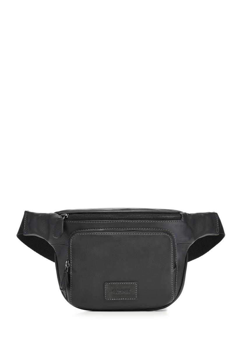 Men's black leather waist bag TORMS-0529-99(Z26) - front product view, on a white background.