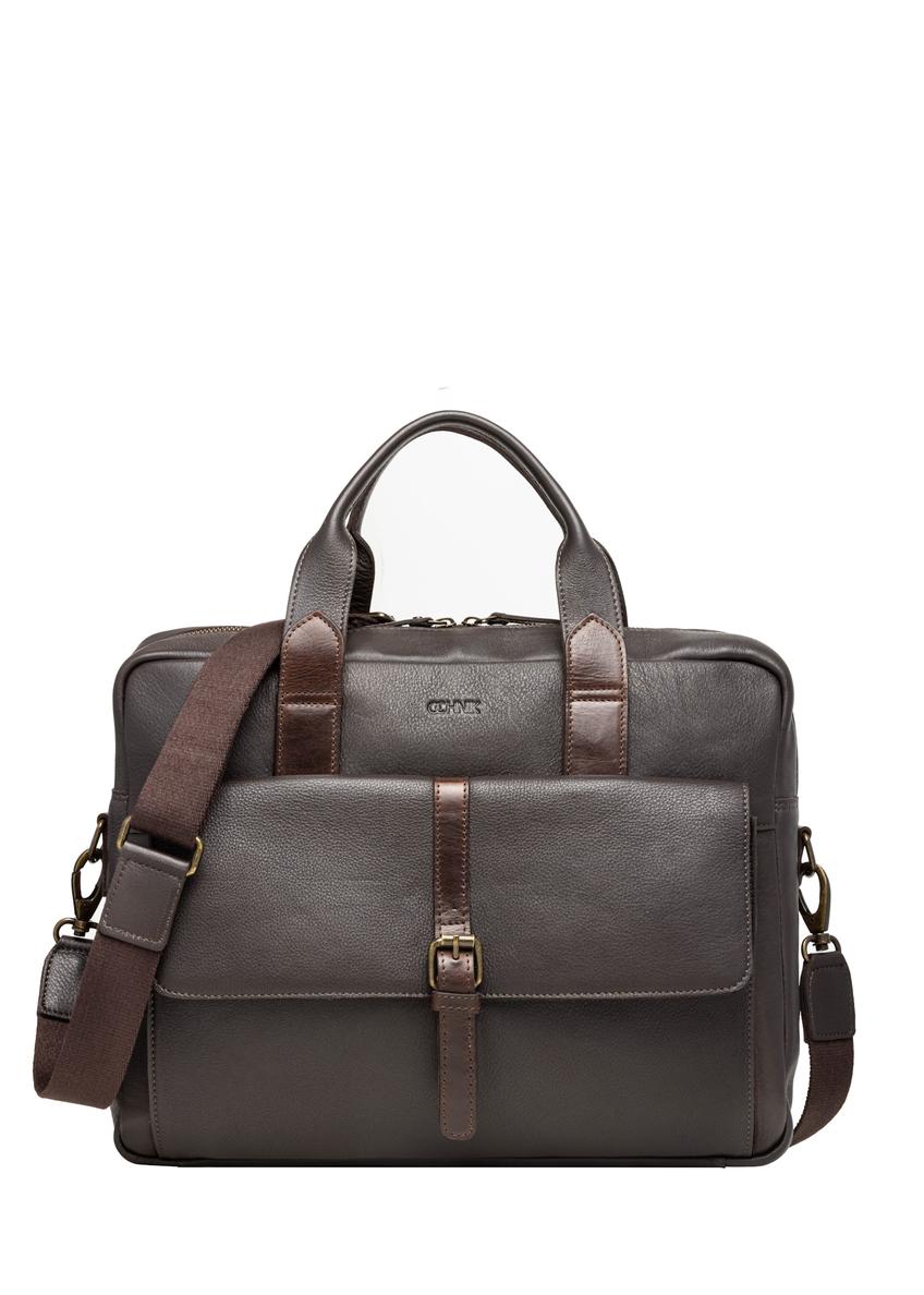Brown leather men's laptop bag TORMS-0522-1H(Z26), front product view on white background.