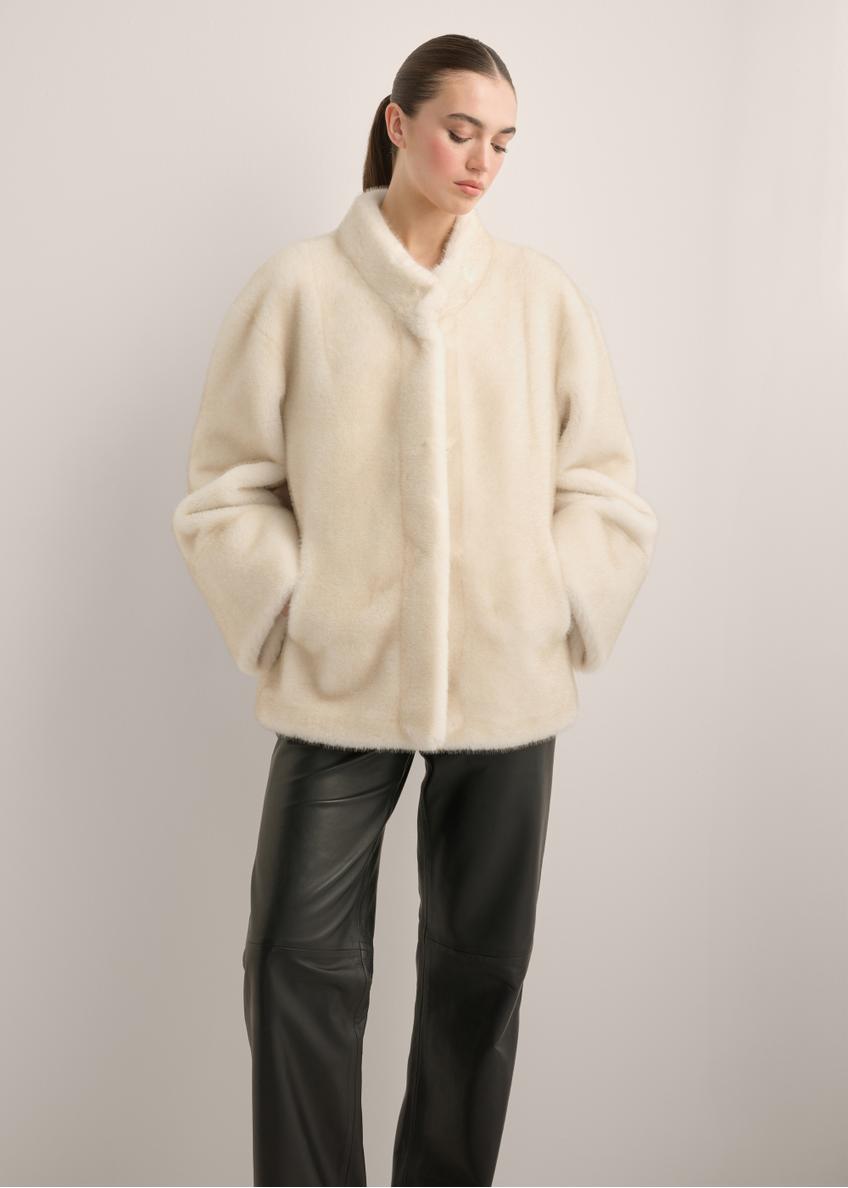 Cream short women's fur coat FUTDP-0084-0B(Z26)