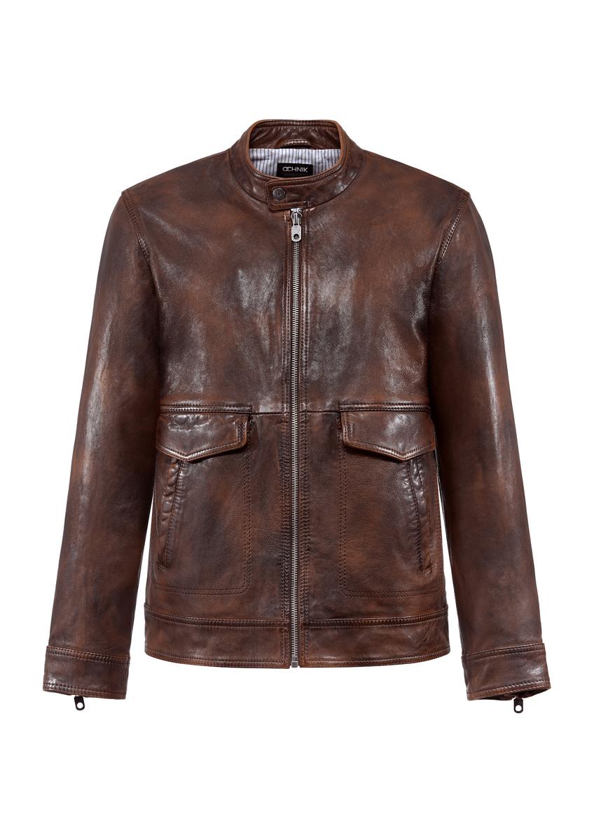Brown men's vintage leather jacket KURMS-0356-2623(W25), front product view on white background.