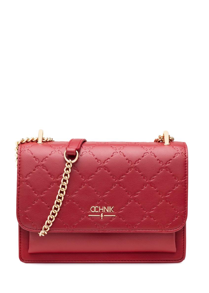 Red women's handbag with monogram TOREC-1155-4B(W26) - front product view on white background.