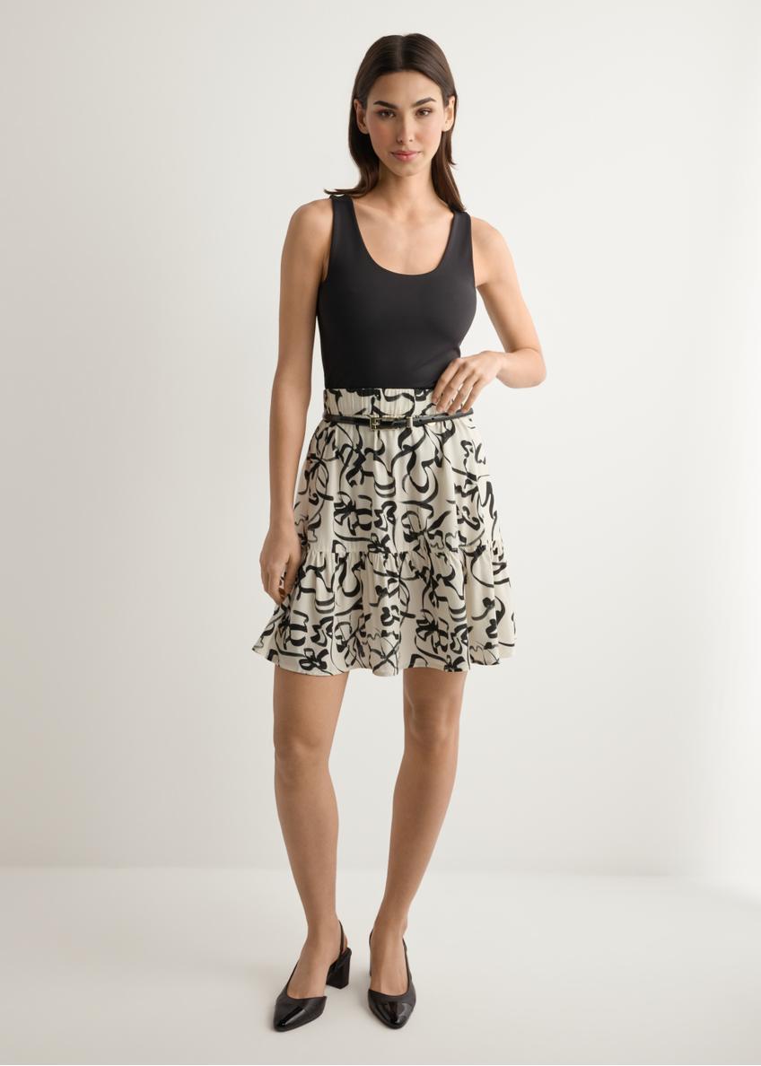 Women's cream patterned skirt SPCDT-0128-1P(W26), front view of the product on the model. Full body visible.