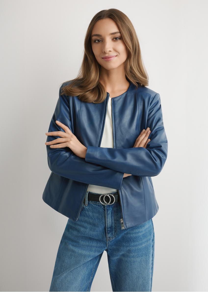 Navy blue women's leather jacket KURDS-0532-7D(W26) - front view of the product, on a model, against a light background. Half of the silhouette visible.