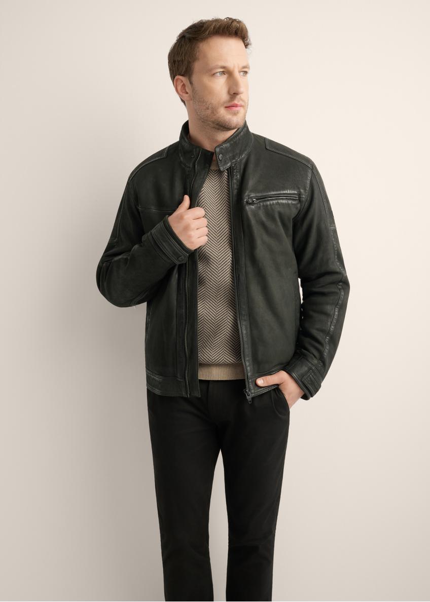 Black men's leather jacket KURMS-0420-99(Z26), front product view on model. Half silhouette visible.