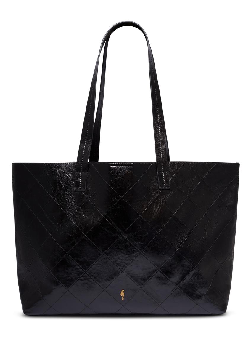 Women's black shopper bag with stitching TOREC-1247-9P(Z26), front product view on white background.
