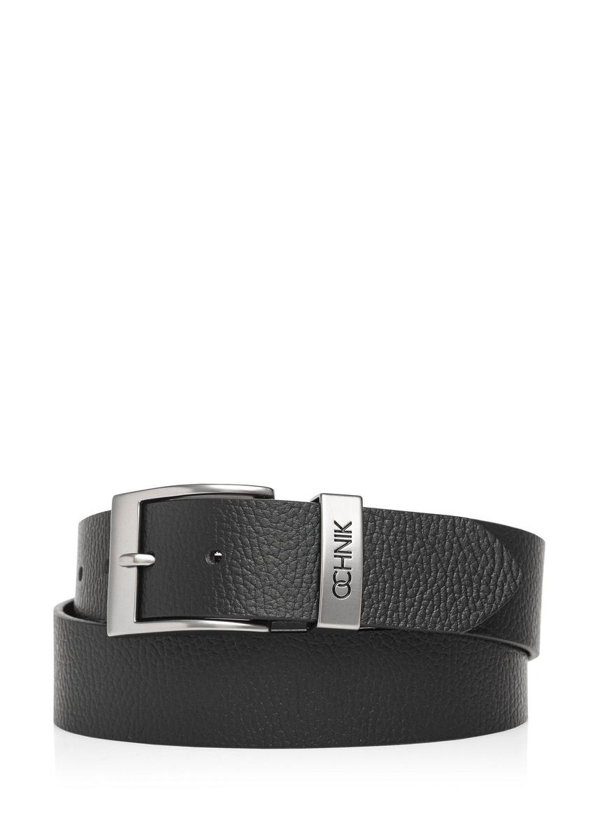 Men's black leather belt PASMS-0127-9I(W26), front product view on white background.