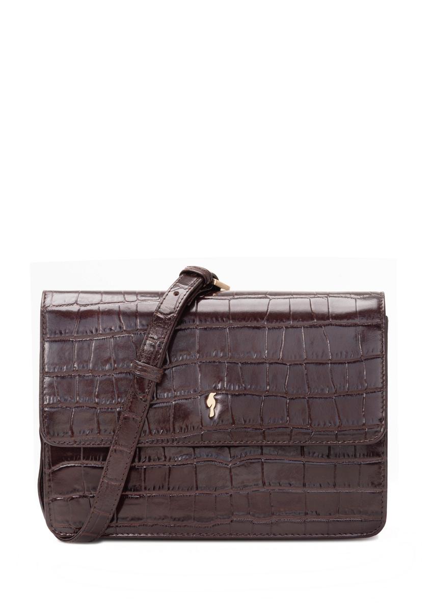 Brown small croco leather handbag TORES-1233-1H(W26), front product view on white background.