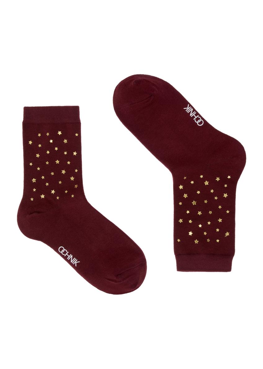 Maroon women's socks with stars SKADT-0063-49(Z23)-01