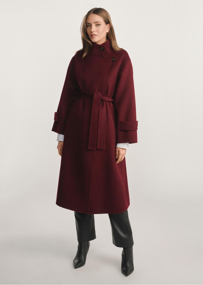 Burgundy women's coat PLADT-0068-49(Z25), product visible from the front on the model, the entire silhouette is visible.