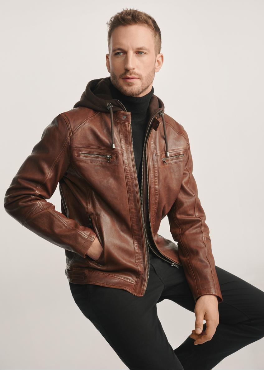 Brown men's leather jacket with hood KURMS-0385-2875(Z25), diagonal view of the product on the model, half of the silhouette visible.